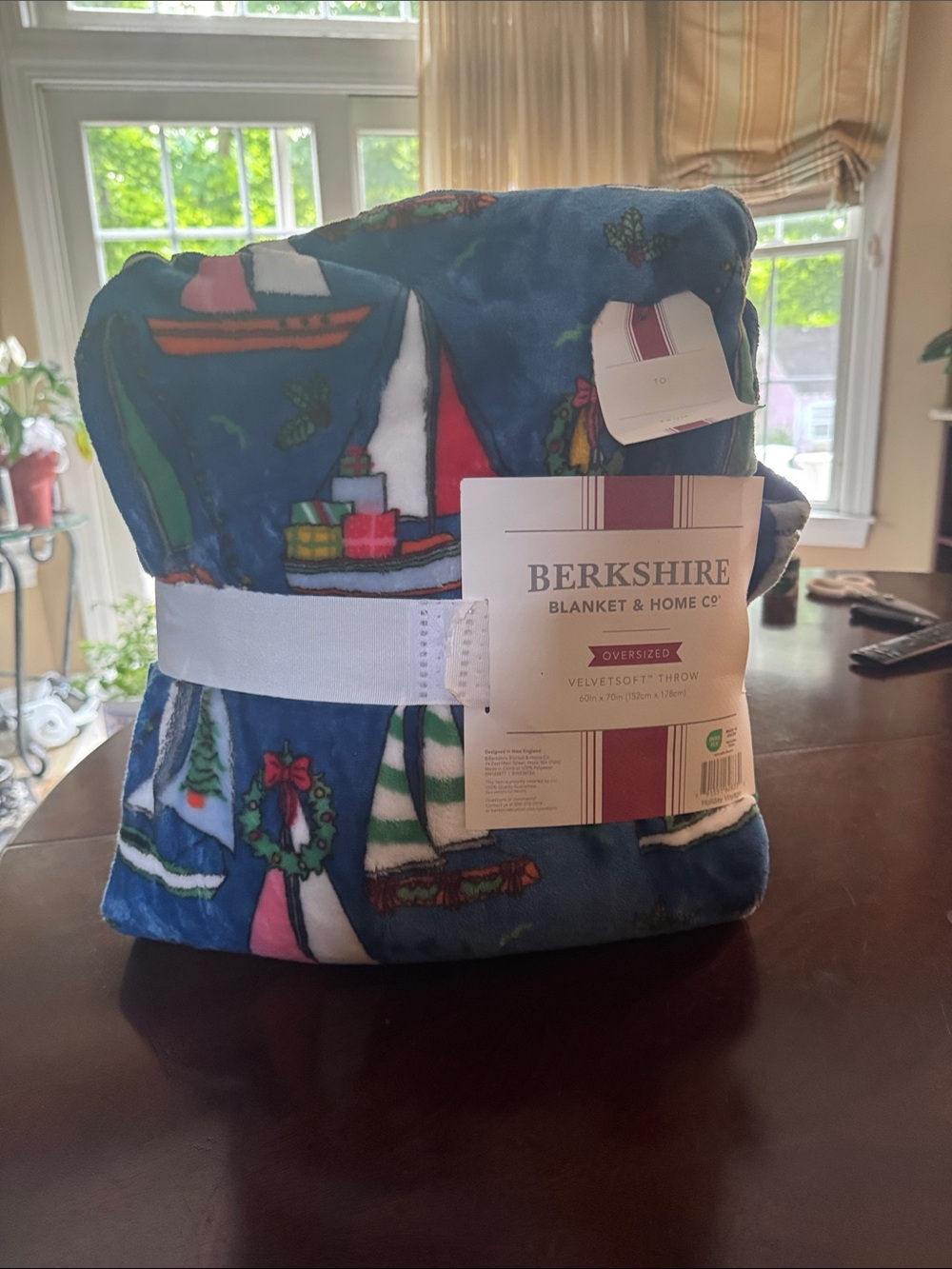 Berkshire Velvet-Soft Holiday Throw Blanket in Navy with Festive Accents